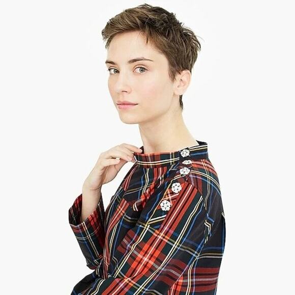J.Crew Women's Multicolor Plaid Jeweled Funnel-Neck Top Size 6 holiday - Picture 2 of 12